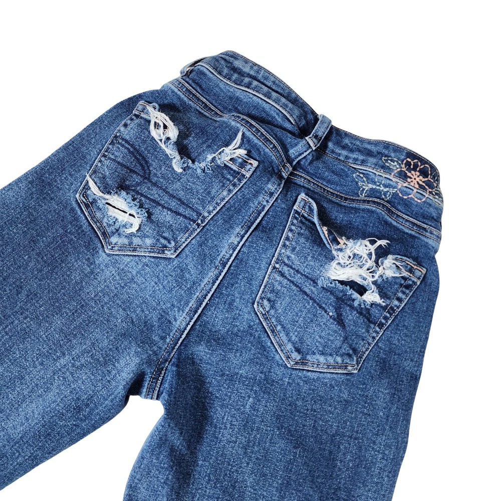 American Eagle Strigid Distressed Mom Jeans Dark Wash Floral Embroidery Size 000 - Picture 13 of 13